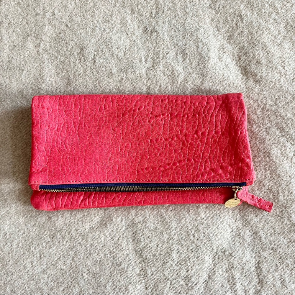 Clare V Foldover pink pebbled leather clutch